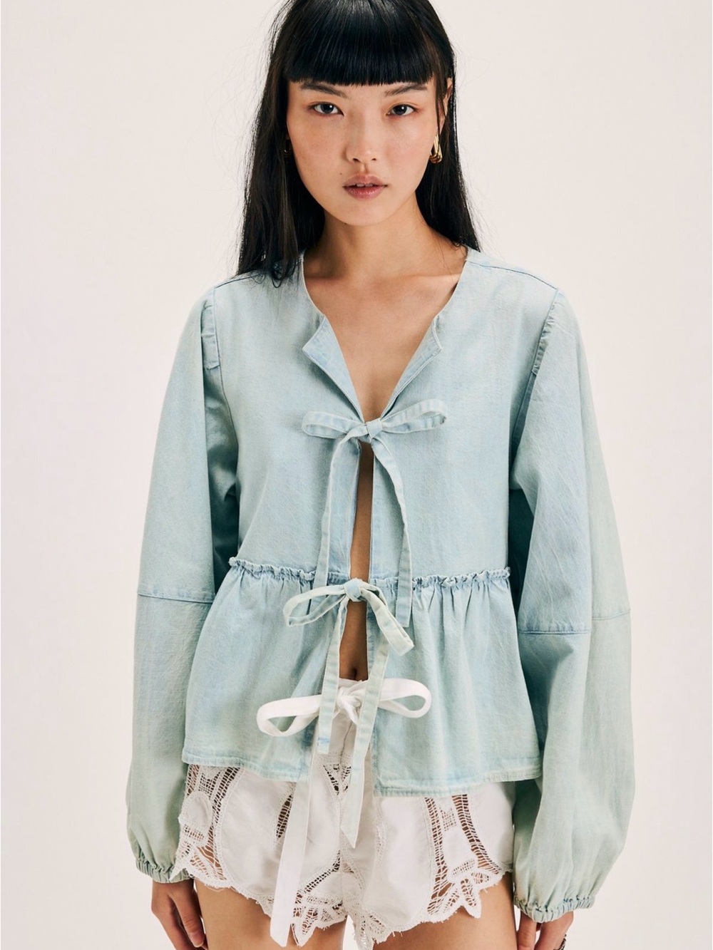 Free People Brunch Babe Light Wash Top M